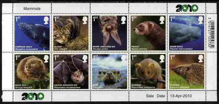 Great Britain 2010 Mammals perf set of 10 unmounted mint , stamps on animals, stamps on mammals, stamps on whales, stamps on cats, stamps on bats, stamps on voles, stamps on otters, stamps on hedgehogs