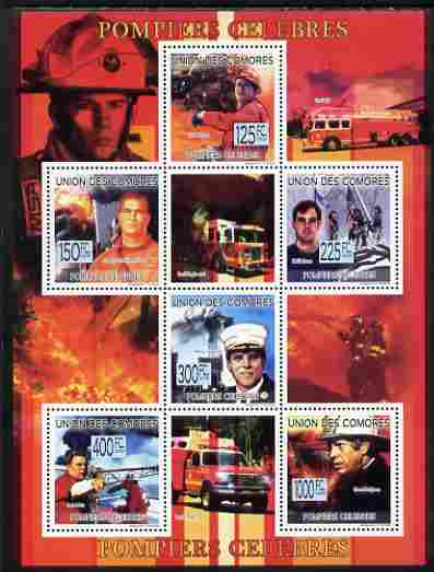 Comoro Islands 2009 Fire Fighters perf sheetlet containing 6 values unmounted mint, Michel 2259-64, stamps on personalities, stamps on fire, stamps on films, stamps on cinema