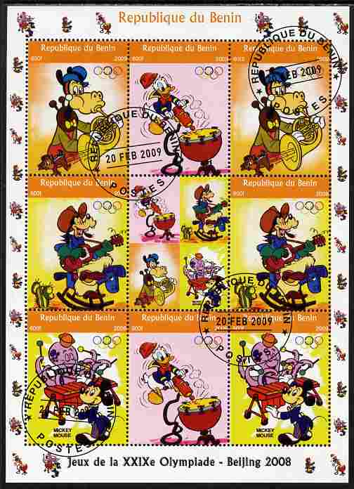Benin 2009 Beijing Olympics #4 - Disney Characters (Music) perf sheetlet containing 8 values plus label fine cto used, stamps on olympics, stamps on disney, stamps on music, stamps on cactus, stamps on cacti, stamps on 