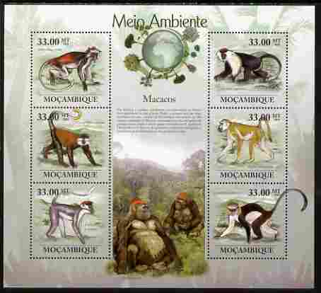 Mozambique 2010 The Environment - Macaques large perf sheetlet containing 6 vaues unmounted mint Michel 3620-25, stamps on animals, stamps on apes, stamps on environment, stamps on 