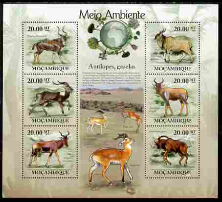 Mozambique 2010 The Environment - Antelopes & Gazelles large perf sheetlet containing 6 vaues unmounted mint Michel 3554-59, stamps on animals, stamps on antelopes, stamps on environment, stamps on 