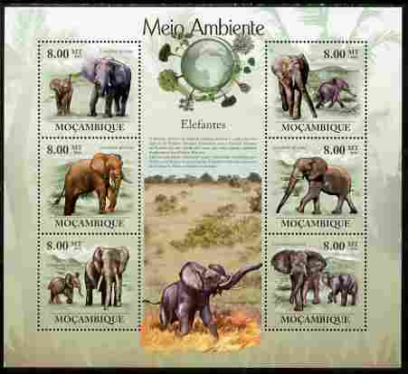 Mozambique 2010 The Environment - Elephants large perf sheetlet containing 6 vaues unmounted mint Michel 3542-47, stamps on animals, stamps on elephants, stamps on environment, stamps on 