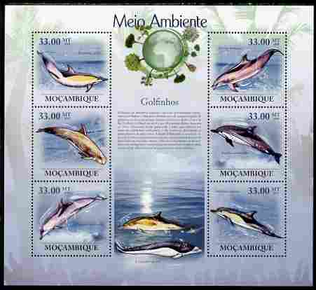 Mozambique 2010 The Environment - Dolphins large perf sheetlet containing 6 vaues unmounted mint Michel 3508-13, stamps on animals, stamps on mammals, stamps on dolphins, stamps on marine life, stamps on environment, stamps on 