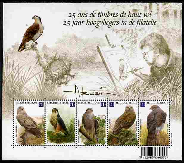 Belgium 2010-14 Birds - 25 Years of Designs by  Andre Buzin perf sheetlet containing 5 x Birds of Prey unmounted mint, stamps on birds, stamps on birds of prey, stamps on 