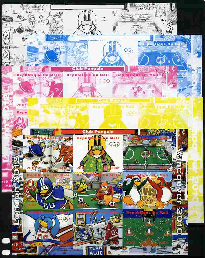 Mali 2010 Olympic Games - Disney Club Penguin #2 sheetlet containing 9 values - the set of 5 imperf progressive proofs comprising the 4 individual colours plus all 4-colo..., stamps on olympics, stamps on disney, stamps on films, stamps on cinema, stamps on cartoons, stamps on penguins, stamps on baseball, stamps on football, stamps on ice hockey, stamps on 