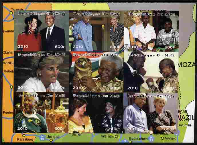 Mali 2010 Princess Diana & Nelson Mandela imperf sheetlet containing 9 values unmounted mint. Note this item is privately produced and is offered purely on its thematic appeal, it has no postal validity, stamps on personalities, stamps on royalty, stamps on diana, stamps on mandela, stamps on nobel, stamps on peace, stamps on racism, stamps on human rights, stamps on jackson, stamps on music, stamps on pops, stamps on rock