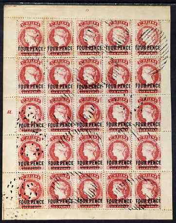 St Helena Forgery 4d on 6d red by Spiro Brothers (West type 1) complete perf sheet of 25 (plate a) used and most attractive, rarely offered, stamps on forgery, stamps on forgeries, stamps on 