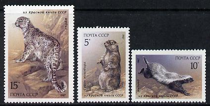 Russia 1987 Mammals found in Red-Book set of 3 unmounted mint, SG 5755-57, Mi 5711-13*, stamps on animals, stamps on mammals, stamps on marmot, stamps on leopard, stamps on cats