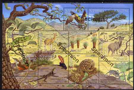 Namibia 2001 Flora & Fauna of the Central Highlands perf composite sheet containing set of 10 values overprinted SPECIMEN, unmounted mint as SG 896-905, stamps on birds, stamps on aninals, stamps on insects, stamps on trees.lizards.reptiles, stamps on aloes, stamps on 