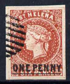 St Helena Forgery 1d on 6d red-brown by ??? (West type 8, identified by additional frame line) used single. (Please note: we have a modest stock of this item so the one y..., stamps on forgery, stamps on forgeries, stamps on 