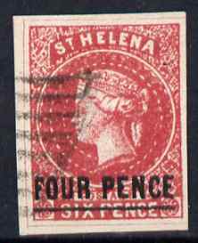 St Helena Forgery 4d on 6d red by ??? (West type 8, identified by additional frame line) used single. (Please note: we have a modest stock of this item so the one you rec..., stamps on forgery, stamps on forgeries, stamps on 