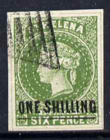St Helena Forgery 1s on 6d green by ??? (West type 8, identified by additional frame line) used single. (Please note: we have a modest stock of this item so the one you r..., stamps on forgery, stamps on forgeries, stamps on 