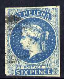 St Helena Forgery 6d blue by Oneglia (West type 4 lithographed) 'used' single. (Please note: we have a modest stock of this item so the one you receive may not be identical to the one scanned), stamps on , stamps on  stamps on forgery, stamps on  stamps on forgeries, stamps on  stamps on 