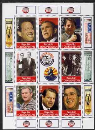 Turkmenistan 2000 George W Bush - Campaign 2000 perf sheetlet containing 8 values plus label unmounted mint. Note this item is privately produced and is offered purely on its thematic appeal, stamps on personalities, stamps on constitutions, stamps on usa presidents, stamps on americana