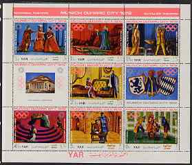Yemen - Republic 1971 Munich Olympic Games - Operas perf sheetlet containing 7 values plus 2 labels unmounted mint Mi 1311-17, stamps on olympics, stamps on theatres, stamps on opera, stamps on music, stamps on wagner, stamps on mozart, stamps on handel, stamps on verdi, stamps on berg, stamps on orff, stamps on , stamps on personalities, stamps on mozart, stamps on music, stamps on composers, stamps on masonics, stamps on masonry