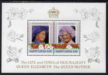 St Lucia 1985 Life & Times of HM Queen Mother (Leaders of the World) the unissued deluxe sheetlet containing 2 x $1.10, unmounted mint, similar to SG 836a, stamps on royalty, stamps on queen mother