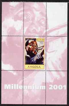 Angola 2001 Millennium series - Louis Armstrong perf s/sheet unmounted mint. Note this item is privately produced and is offered purely on its thematic appeal, stamps on personalities, stamps on millennium, stamps on music, stamps on jazz, stamps on 