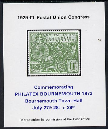 Exhibition souvenir sheet for 1972 Bournemouth Philatex Stamp showing Great Britain PUC £1 value in green with black border unmounted mint, stamps on stamp on stamp, stamps on royalty, stamps on dragons, stamps on cinderella, stamps on stamp exhibitions, stamps on st george, stamps on stamponstamp