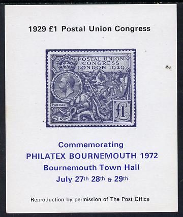 Exhibition souvenir sheet for 1972 Bournemouth Philatex Stamp showing Great Britain PUC Â£1 value in grey-blue unmounted mint, stamps on stamp on stamp, stamps on royalty, stamps on cinderella, stamps on stamp exhibitions, stamps on dragons, stamps on st george, stamps on stamponstamp