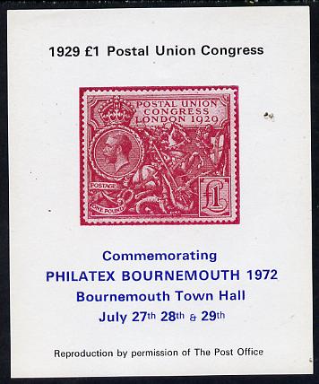 Exhibition souvenir sheet for 1972 Bournemouth Philatex Stamp showing Great Britain PUC £1 value in red unmounted mint, stamps on stamp on stamp, stamps on royalty, stamps on cinderella, stamps on stamp exhibitions, stamps on dragons, stamps on st george, stamps on stamponstamp