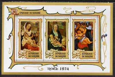 Burundi 1974 Christmas perf msheet (5f, 10f & 15f) unmounted mint, SG MS1004a, stamps on christmas, stamps on arts, stamps on botticelli