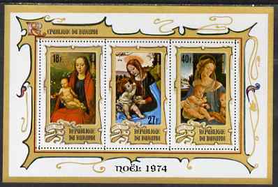 Burundi 1974 Christmas perf msheet (18f, 27f & 40f) unmounted mint, SG MS1004b, stamps on christmas, stamps on arts, stamps on 