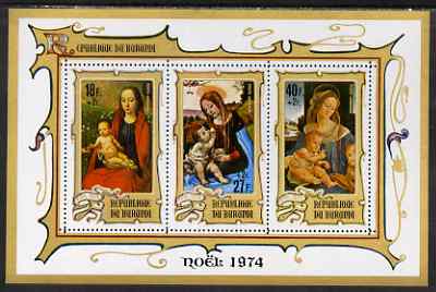 Burundi 1974 Christmas Charity perf msheet (18f+2f, 27f+2f & 40f+2f) unmounted mint, SG MS1011b, stamps on christmas, stamps on arts, stamps on 