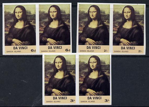 Sanda Island 1968 Mona Lisa set of 3 (6d, 2s & 3s) in unmounted mint imperf pairs, stamps on arts, stamps on leonardo da vinci