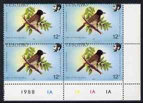Lesotho 1988 Birds 12s Red-Eyed Bulbul with superb 2mm misplacement of horiz perfs SG 795var unmounted mint plate block of 4 from bottom of sheet showing perfs passing th..., stamps on birds, stamps on bulbul