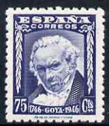 Spain 1946 Birth Bicentenary of Goya 75c deep blue shade unmounted mint SG 1075a, stamps on personalities, stamps on arts, stamps on goya
