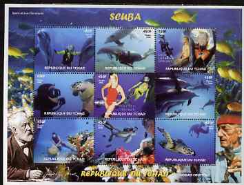 Chad 2008 Scuba Diving perf sheetlet containing 9 values unmounted mint. Note this item is privately produced and is offered purely on its thematic appeal. , stamps on scuba, stamps on diving, stamps on marine life, stamps on dolphins, stamps on turtles, stamps on jules verne, stamps on literature, stamps on 