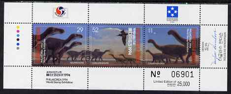 Micronesia 1994 Philakorea Stamp Exhibition - Dinosaurs composite perf sheetlet containing set of 3 values unmounted mint, SG 392-4, stamps on stamp exhibitions, stamps on dinosaurs
