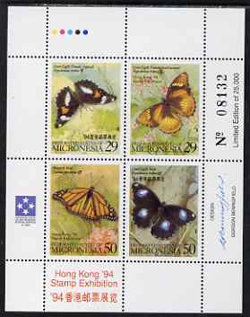 Micronesia 1994 Hong Kong Stamp Exhibition - Butterflies perf sheetlet containing set of 4 values unmounted mint, SG 360-3, stamps on stamp exhibitions, stamps on butterflies