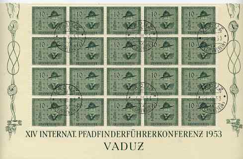 Liechtenstein 1953 Scout Conference set of 4 in complete sheets of 20 (10r reduced at top) all fine cds used, SG 313-6 cat 00+, stamps on scouts