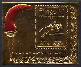 Fujeira 1972 Munich Olympic Games 10r Show-Jumping Airmail m/sheet embossed in gold foil unmounted mint as Mi BL 111A, stamps on sport, stamps on olympics, stamps on horses, stamps on show jumping