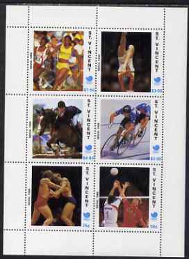 St Vincent 1988 Seoul Olympic Games the unissued sheetlet containing set of 6 values unmounted mint, see note after SG 1157 (Running, Gymnastics,Show Jumping, Cycling, wrestling & Volleyball), stamps on , stamps on  stamps on sport, stamps on  stamps on olympics, stamps on  stamps on running, stamps on  stamps on gymnastics, stamps on  stamps on show jumping, stamps on  stamps on  bicycles, stamps on  stamps on wrestling, stamps on  stamps on volleyball