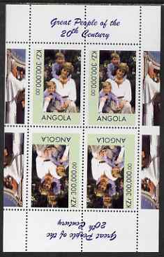 Angola 1999 Great People of the 20th Century - Princess Diana with Harry & William perf sheetlet containing 4 values (2 tete-beche pairs with the Pope in margin) unmounted mint, stamps on personalities, stamps on pope, stamps on royalty, stamps on diana, stamps on millennium
