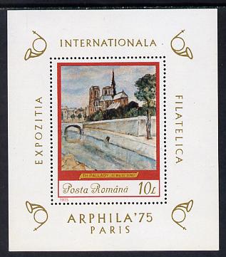 Rumania 1975 Arphila 75 Stamp Exhibition (Painting of Bridge over the Seine) m/sheet unmounted mint, Mi BL 120, stamps on arts, stamps on bridges, stamps on rivers, stamps on civil engineering, stamps on stamp exhibitions, stamps on posthorn