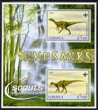 Liberia 2005 Dinosaurs perf sheetlet containing 2 values each with Scout Logos unmounted mint, stamps on dinosaurs, stamps on scouts