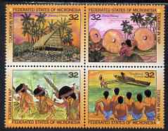 Micronesia 1995 Tourism in Yap se-tenant block of 4 unmounted mint, SG 461-4, stamps on tourism, stamps on dances, stamps on dancing, stamps on canoes, stamps on coins, stamps on finance