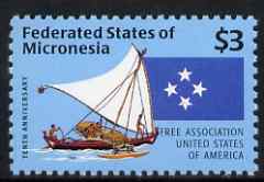 Micronesia 1996 Tenth Aniiv of Free Trade with USA Â£3 unmounted mint, SG 528, stamps on ships, stamps on sailing, stamps on canoes, stamps on flags