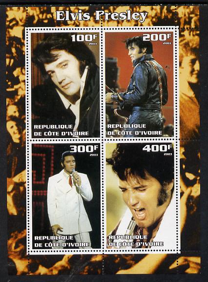 Ivory Coast 2003 Elvis Presley #3 perf sheetlet containing 4 values, unmounted mint, stamps on elvis, stamps on music, stamps on entertainments, stamps on films, stamps on cinema