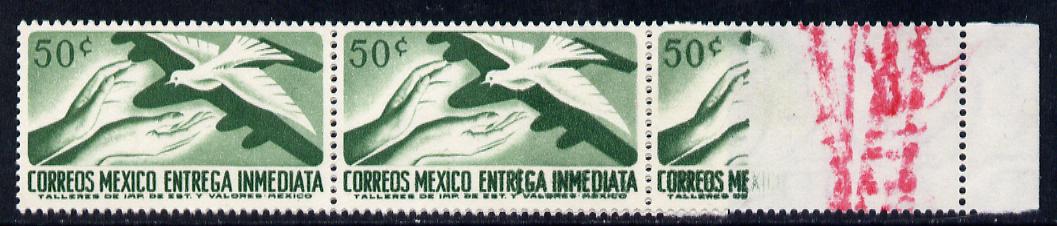 Mexico 1956 Express 50c green (Bird & Aeroplane) unmounted mint strip of 3, one stamp with spectacular dry print (60% completely missing) marked in red to be rejected and..., stamps on aviation   birds