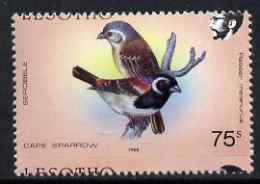 Lesotho 1988 Birds 75s Cape Sparrow showing fine 3mm shift of horiz perfs (Country name partly at top & bottom) unmounted mint as SG 802*, stamps on birds, stamps on sparrow
