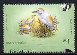 Lesotho 1988 Birds 1m Cattle Egret showing fine 3.5mm shift of horiz perfs (Country name mainly at bottom) unmounted mint as SG 803*, stamps on birds, stamps on egrets