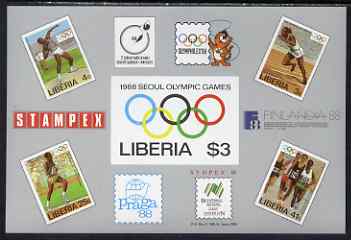 Liberia 1988 Seoul Olympic Games & Stamp Exhibition imperf m/sheet unmounted mint SG MS1686, stamps on , stamps on  stamps on olympics, stamps on  stamps on stamp exhibitions, stamps on  stamps on running, stamps on  stamps on shot, stamps on  stamps on stamponstamp, stamps on  stamps on 