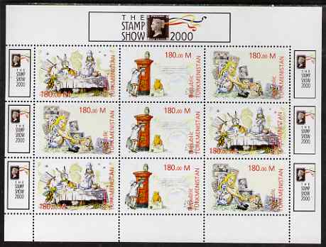 Turkmenistan 2000 Stamp-Show 2000 perf sheetlet containing 9 values (3 sets of 3 Childrens Stories) unmounted mint , stamps on stamp exhibitions, stamps on fairy tales, stamps on children, stamps on bears, stamps on alice, stamps on post boxes, stamps on owls