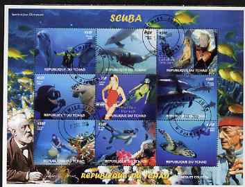 Chad 2008 Scuba Diving perf sheetlet containing 9 values fine cto used, stamps on scuba, stamps on diving, stamps on marine life, stamps on dolphins, stamps on turtles, stamps on jules verne, stamps on literature, stamps on 