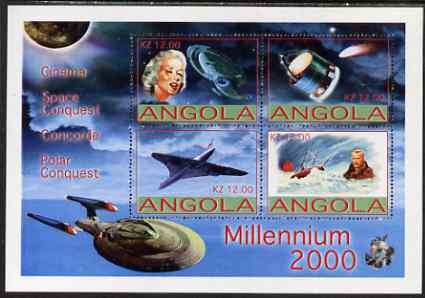 Angola 2000 Millennium perf sheetlet containing 4 values for Cinema, Concorde, Space & Polar Conquests unmounted mint, stamps on millennium, stamps on cinema, stamps on movies, stamps on films, stamps on aviation, stamps on concorde, stamps on space, stamps on explorers, stamps on polar, stamps on minerals, stamps on sci-fi
