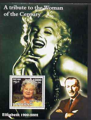 Somaliland 2002 A Tribute to the Woman of the Century #09 - The Queen Mother perf m/sheet also showing Walt Disney & Marilyn Monroe, unmounted mint, stamps on royalty, stamps on marilyn, stamps on marilyn monroe, stamps on queen mother, stamps on women, stamps on films, stamps on cinema, stamps on disney, stamps on personalities